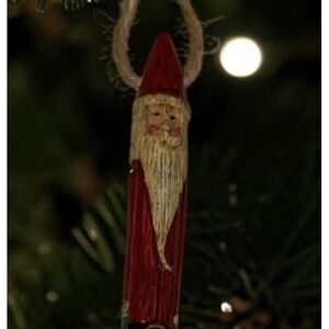 Vintage 1993 Wang's Pencil Santa Christmas Ornament Folk Art Primitive Rustic